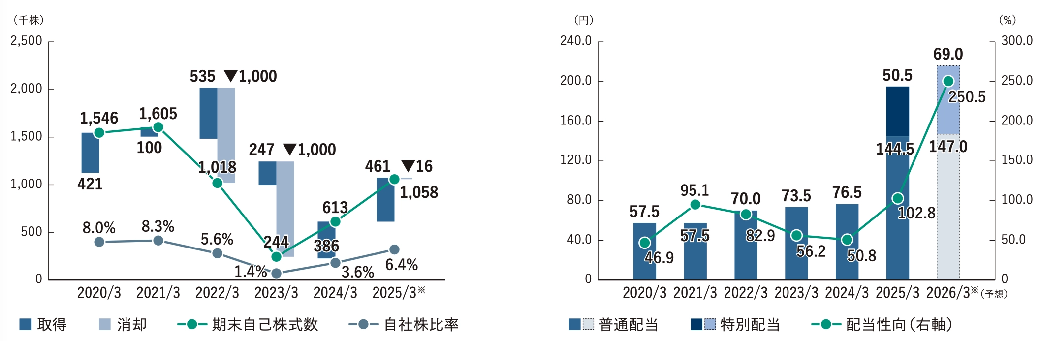 自社株の状況／1株配当金と配当性向の推移