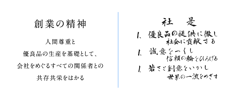 創業の精神 人間尊重と優良品の生産を基礎として、会社をめぐるすべての関係者との共存共栄をはかる