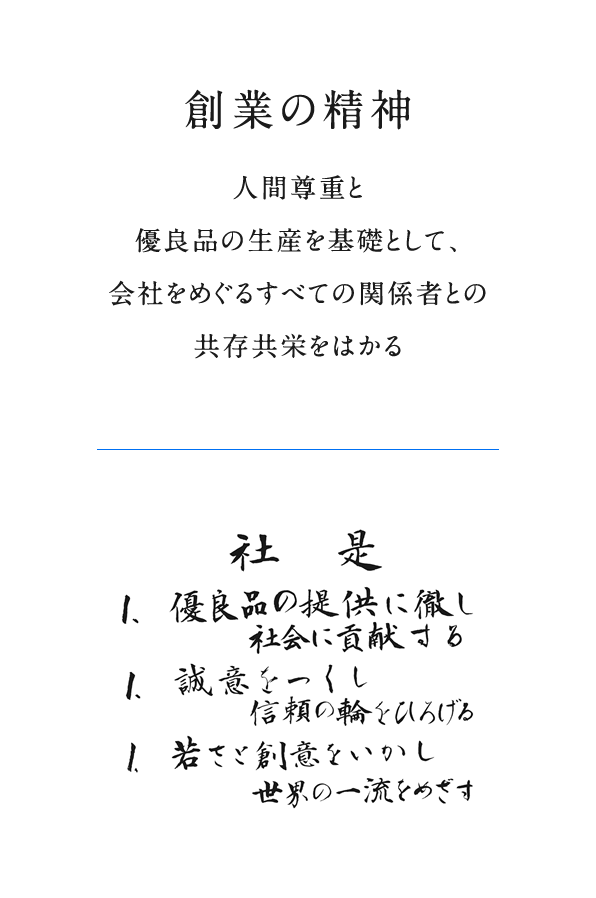 創業の精神 人間尊重と優良品の生産を基礎として、会社をめぐるすべての関係者との共存共栄をはかる