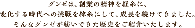 グンゼは、創業の精神を経糸に、変化する時代への挑戦を緯糸にして、成長を続けてきました。そんなグンゼが紡いできた歴史をご紹介いたします。